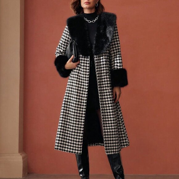MODA ME COUTURE Jackets & Blazers - Black And White Elegant Women's Tweed Houndstooth Longline Overcoat